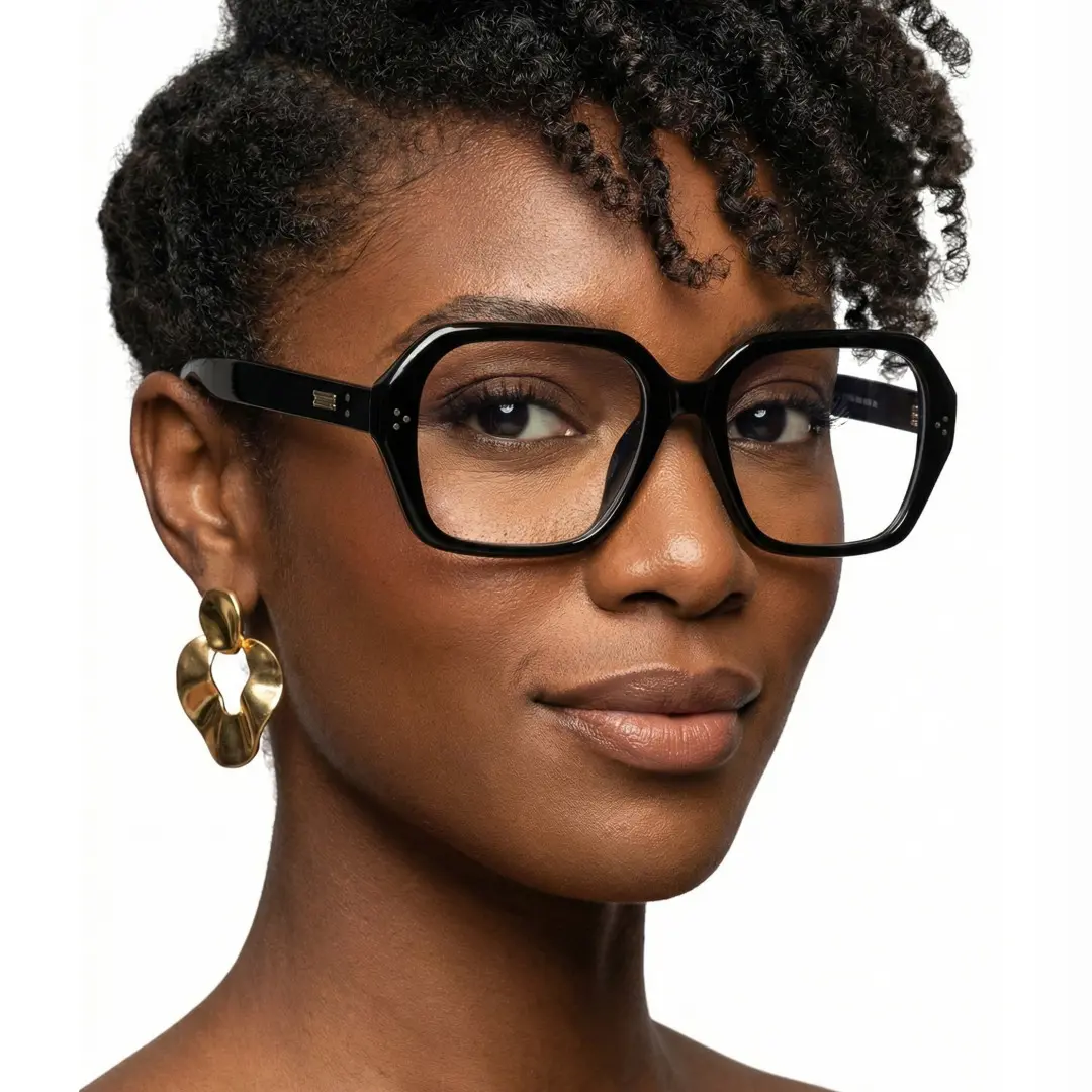 Over-the-shoulder view of female wearing black square eyeglasses, calm expression, SR0292509