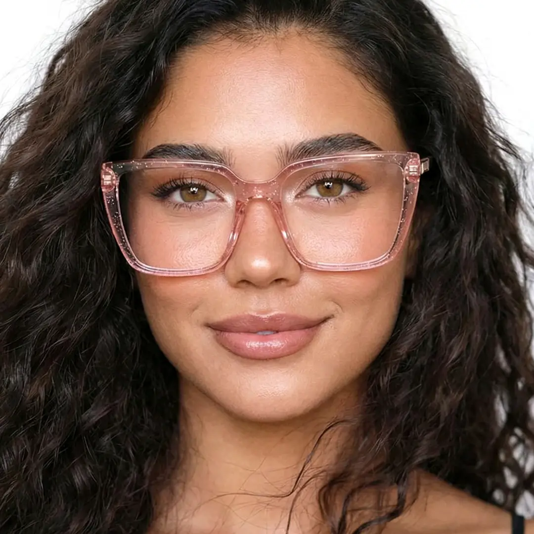 Front view of female wearing pink square eyeglasses, natural expression, SR0312508