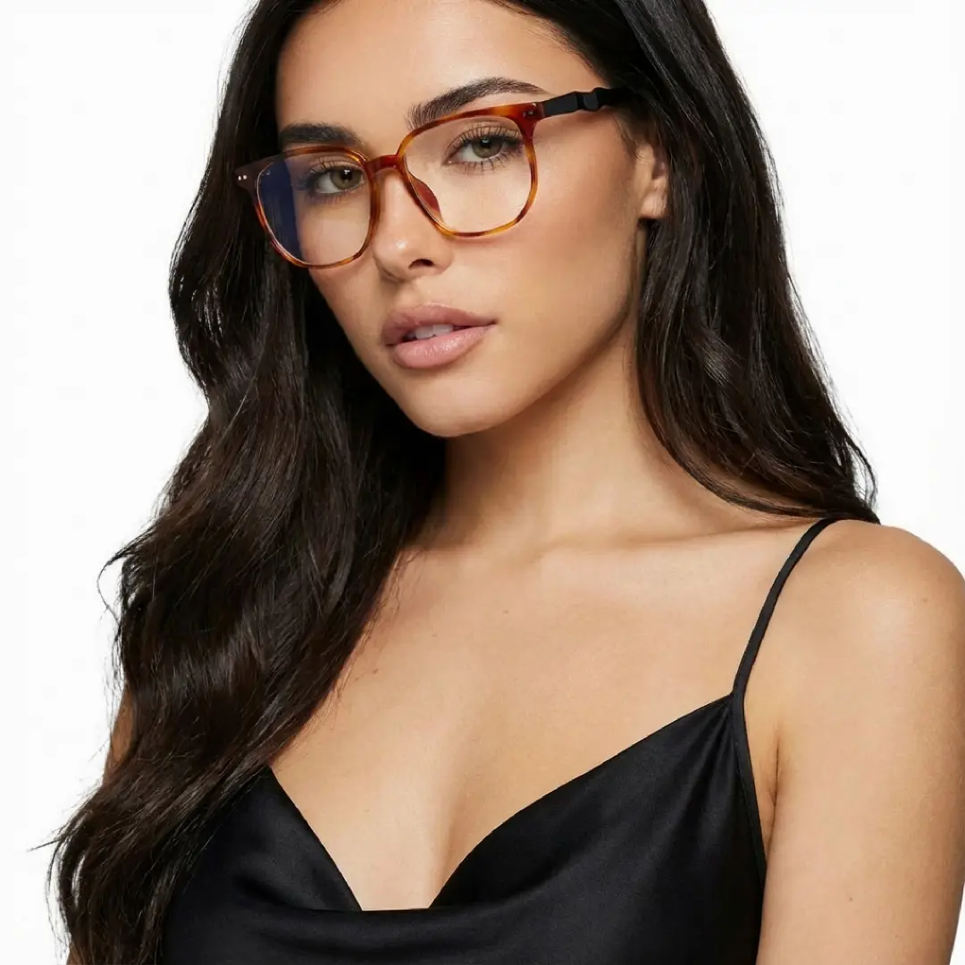 Profile view of female wearing tortoise square eyeglasses, calm expression, SR0342509
