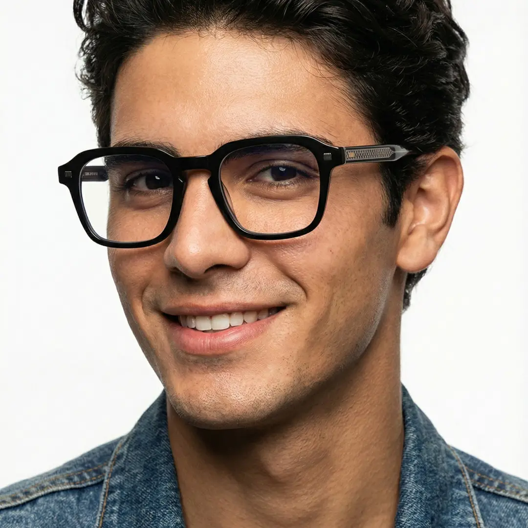 Face close-up view of male wearing black square eyeglasses, smiling, SR0352509