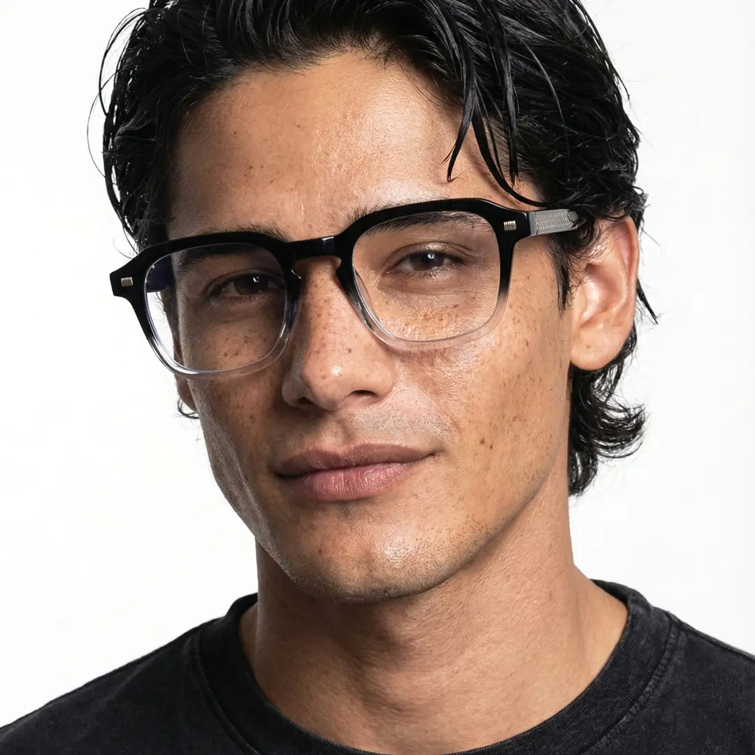 Front view of male wearing two tone square eyeglasses, soft smile, SR0352509