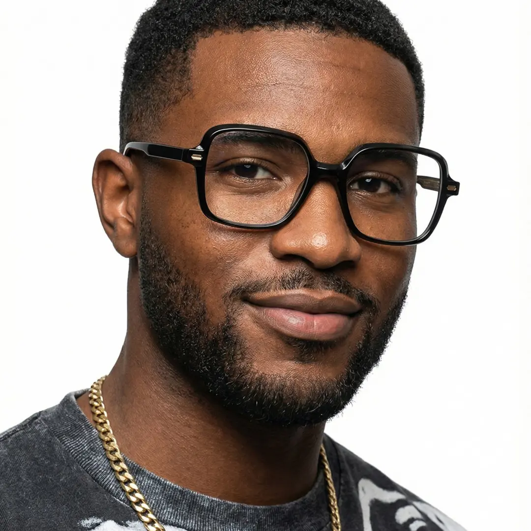 Three-quarter view of male wearing black square eyeglasses, natural expression, SR0362508