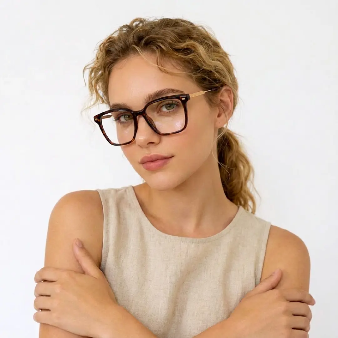 Slightly angled view of female wearing tortoise square eyeglasses, neutral expression, SR0362509