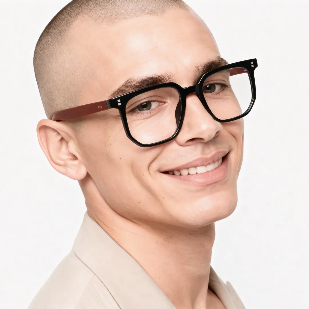 Three-quarter view of male wearing black square eyeglasses, natural smile, SR0432508