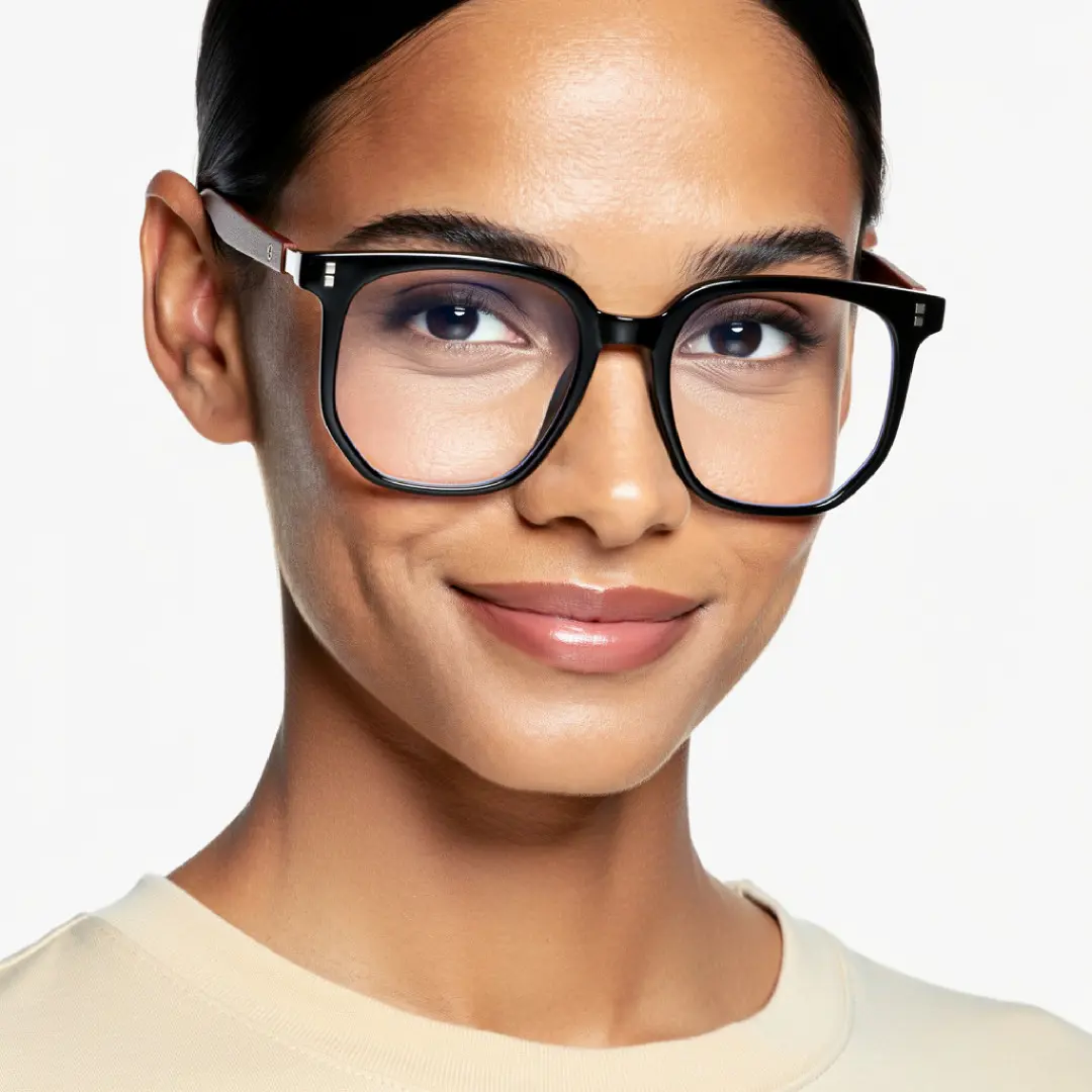 Slightly angled view of female wearing black square eyeglasses, natural expression, SR0432508
