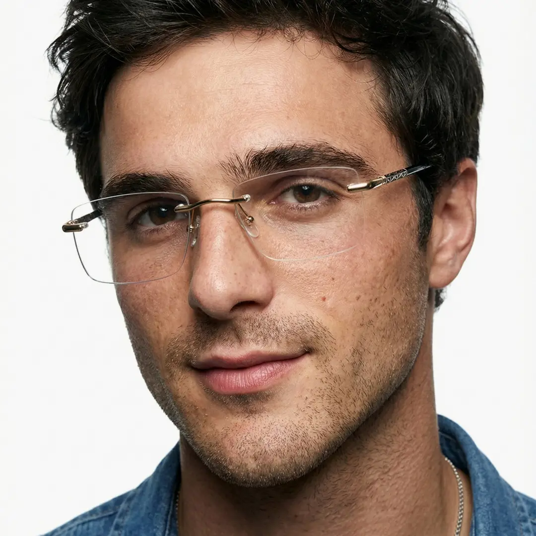 Front view of male wearing black rectangle eyeglasses, friendly smile, SX0152507