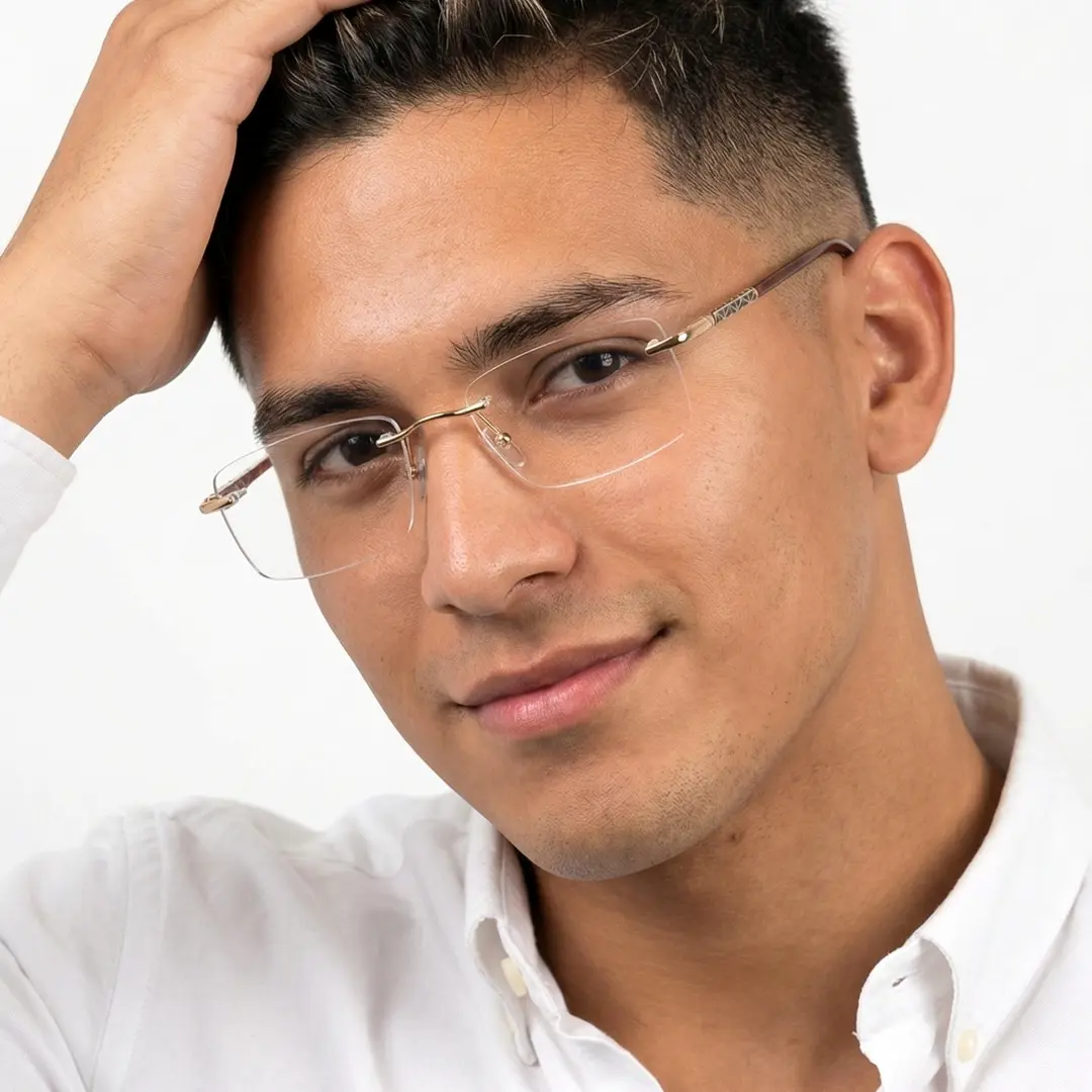 Front view of male wearing brown rectangle eyeglasses, hand resting on forehead, natural smile, SX0152507