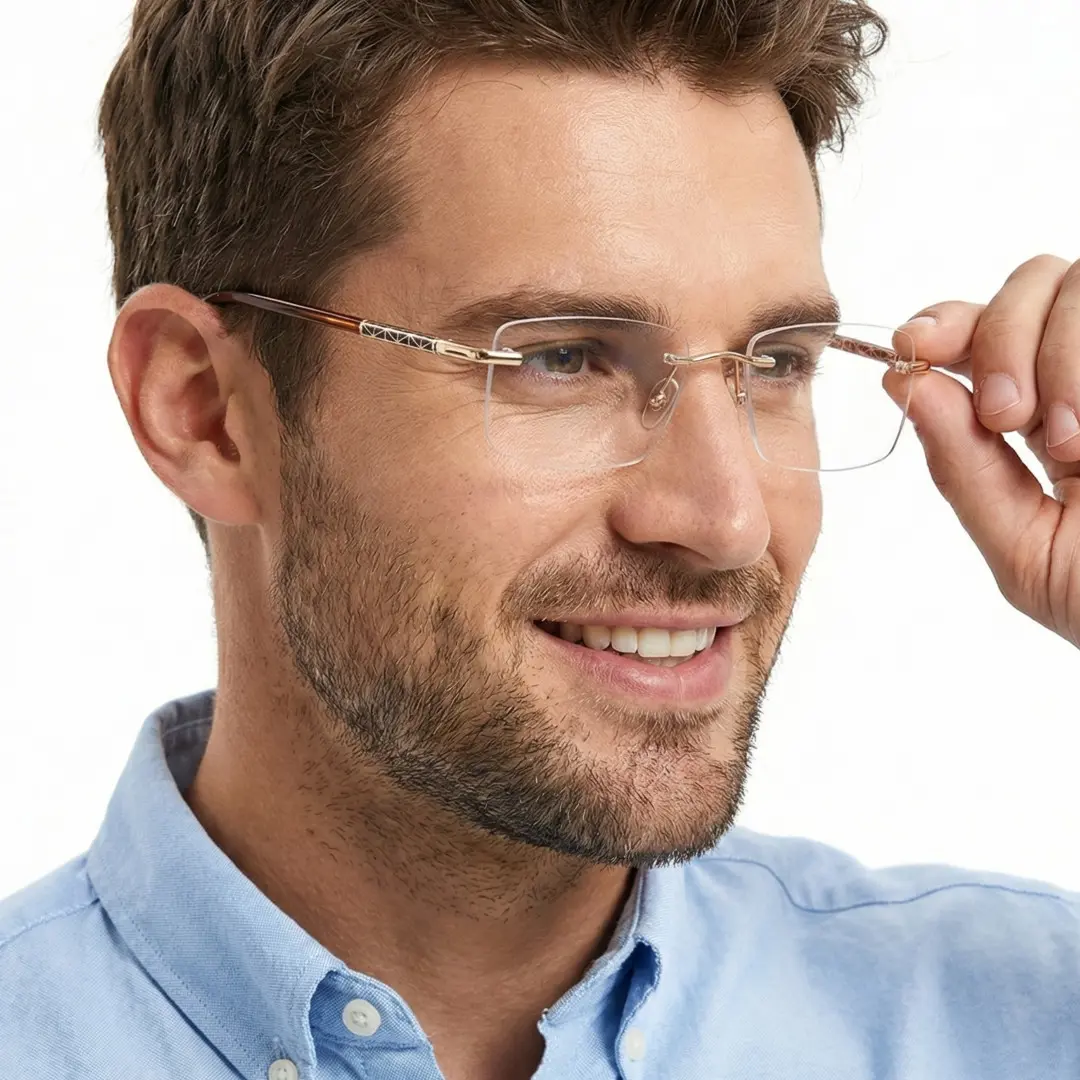 Three-quarter view of male wearing brown rectangle eyeglasses, touching frame, natural smile, SX0152507