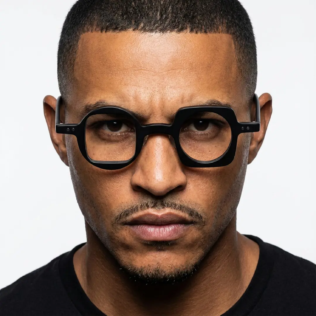 Front view of male wearing black unique eyeglasses, calm expression, UA0012302