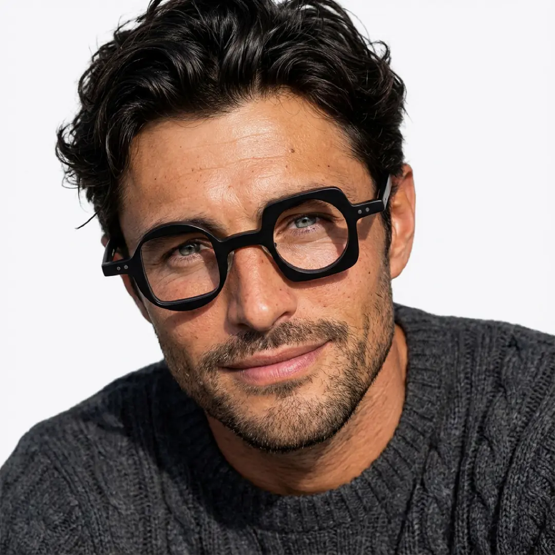 Front view of male wearing black unique eyeglasses, friendly smile, UA0012302