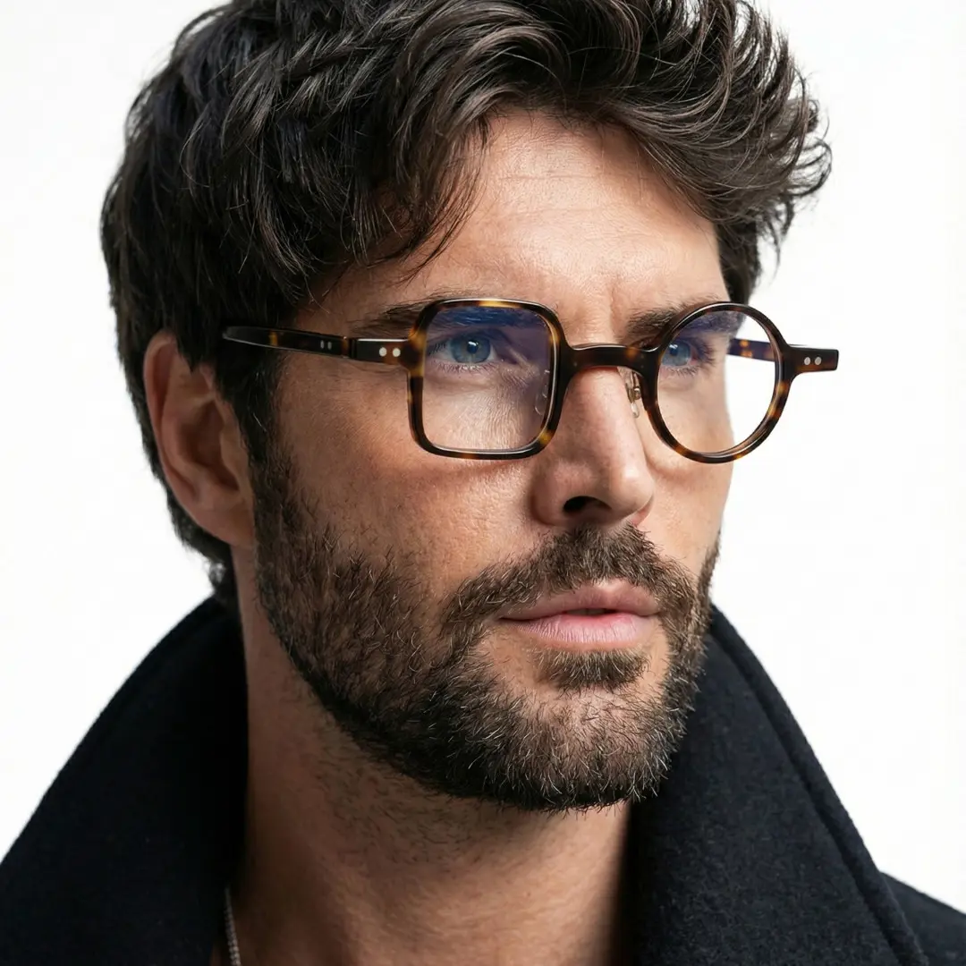 Slightly angled view of male wearing tortoise unique eyeglasses, thoughtful expression, UA0042001