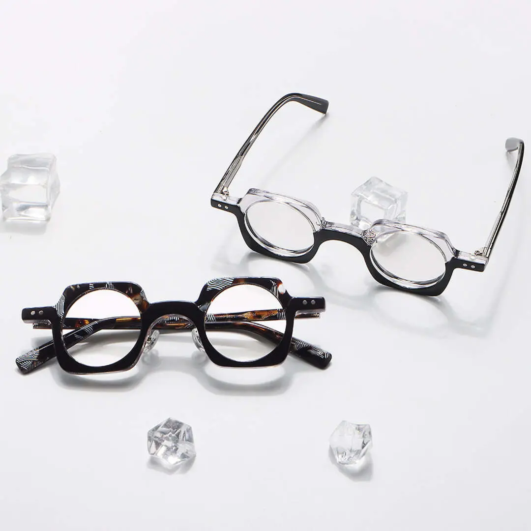 Scene close-up view of Linye vintage unique acetate eyeglasses in black. SPU: UA0052302