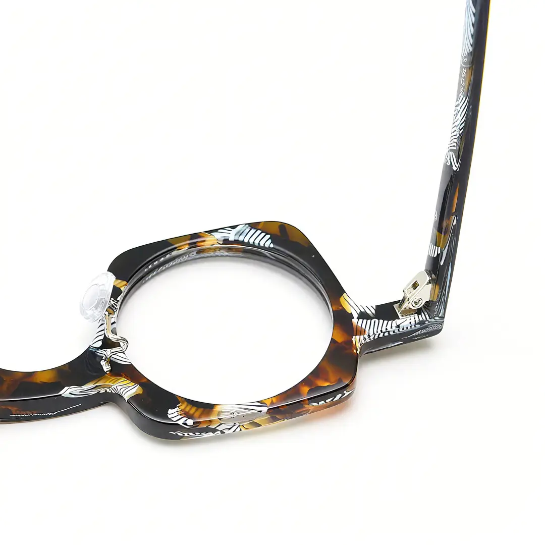 Hinge detail of Linye vintage unique acetate eyeglasses in blue tortoise. SPU: UA0052302