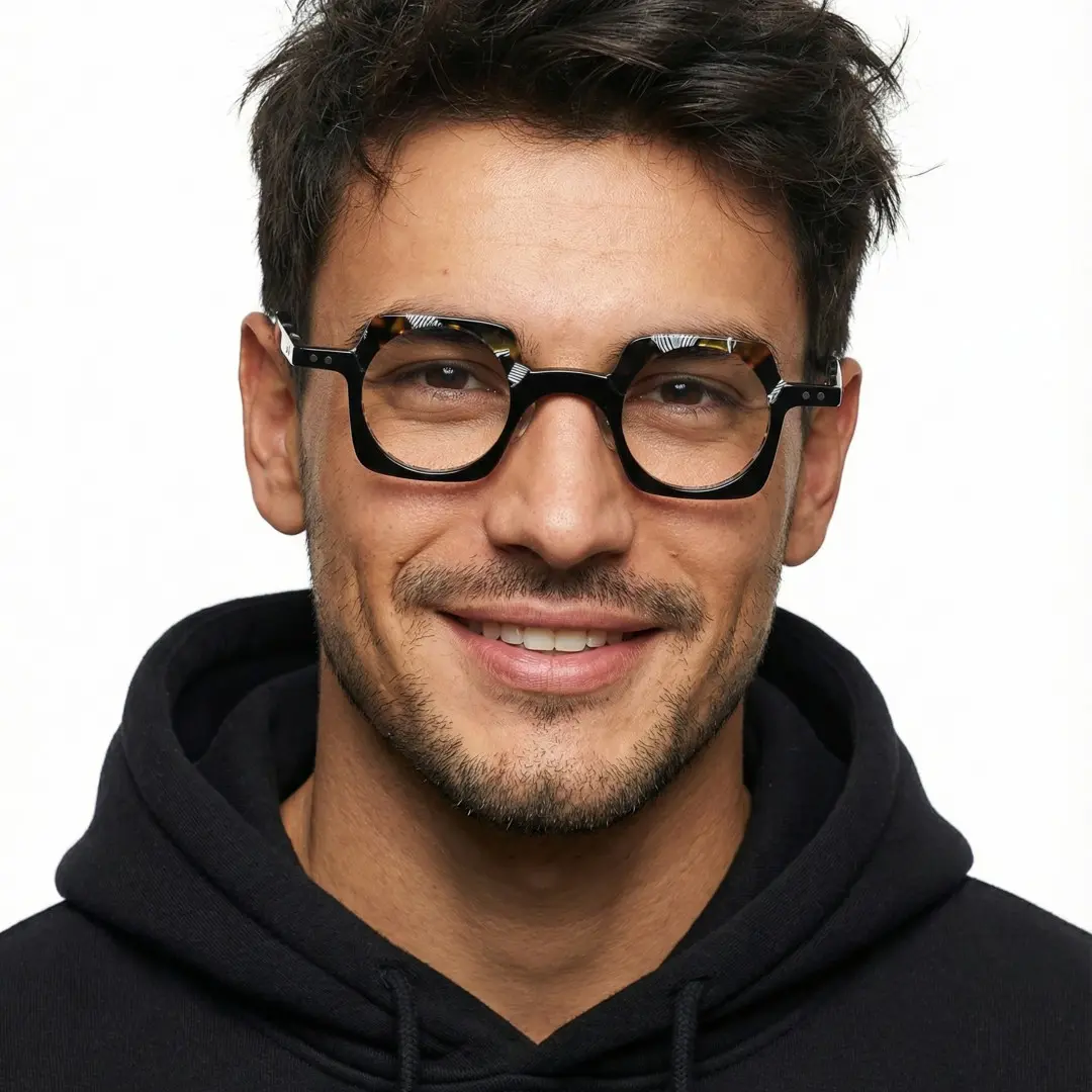 Front view of male wearing vintage blue tortoise unique eyeglasses, natural smile, UA0052302