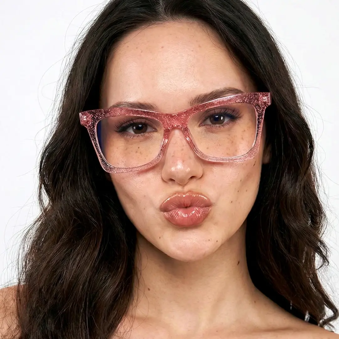 Front view of female wearing pink butterfly eyeglasses, pouting, various expressions, UR0152502