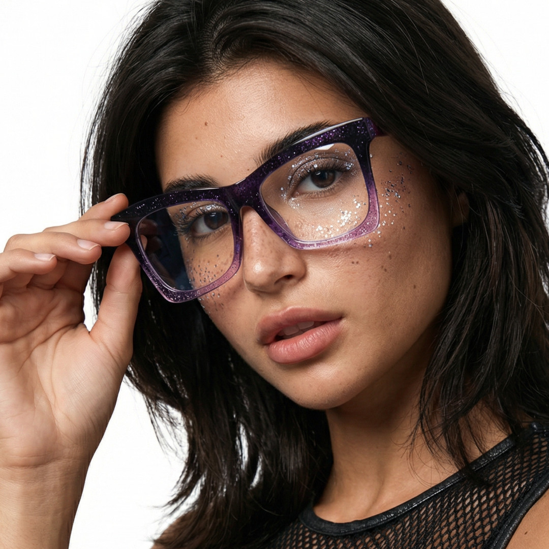 Over-the-shoulder view of female wearing purple butterfly eyeglasses, holding glasses, natural expression, UR0152502