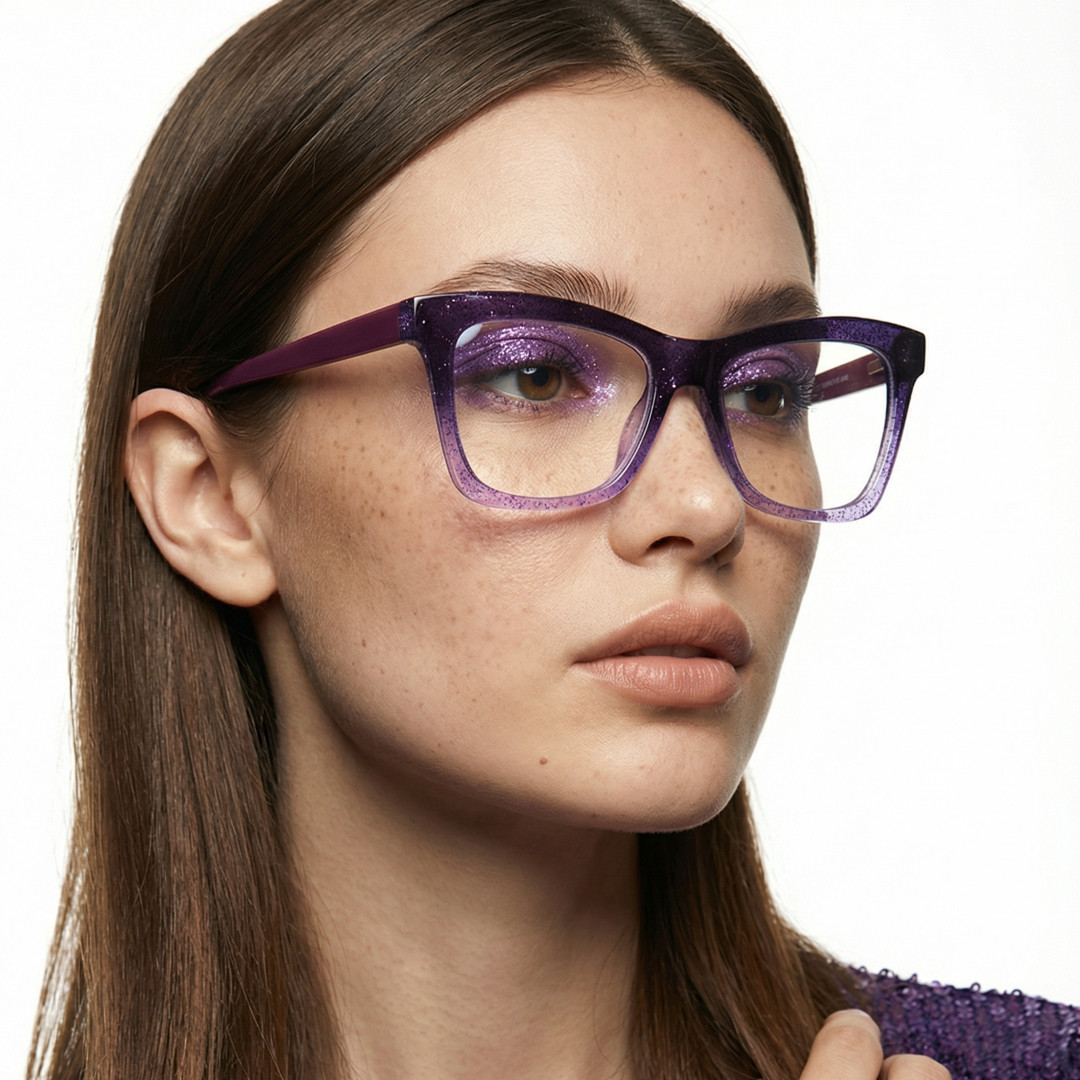 Three-quarter view of female wearing purple butterfly eyeglasses, calm expression, UR0152502