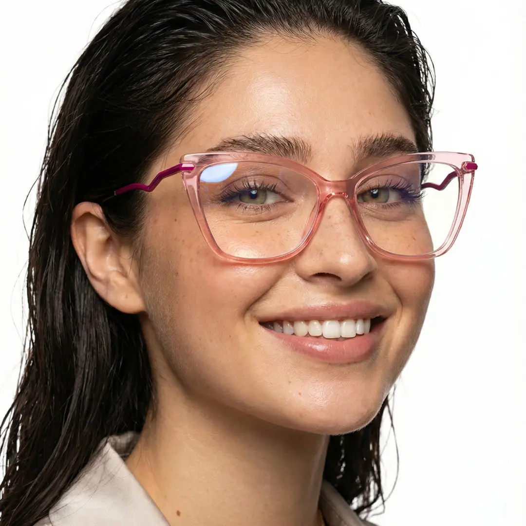 Three-quarter view of female wearing pink butterfly eyeglasses, smiling, UR0172502
