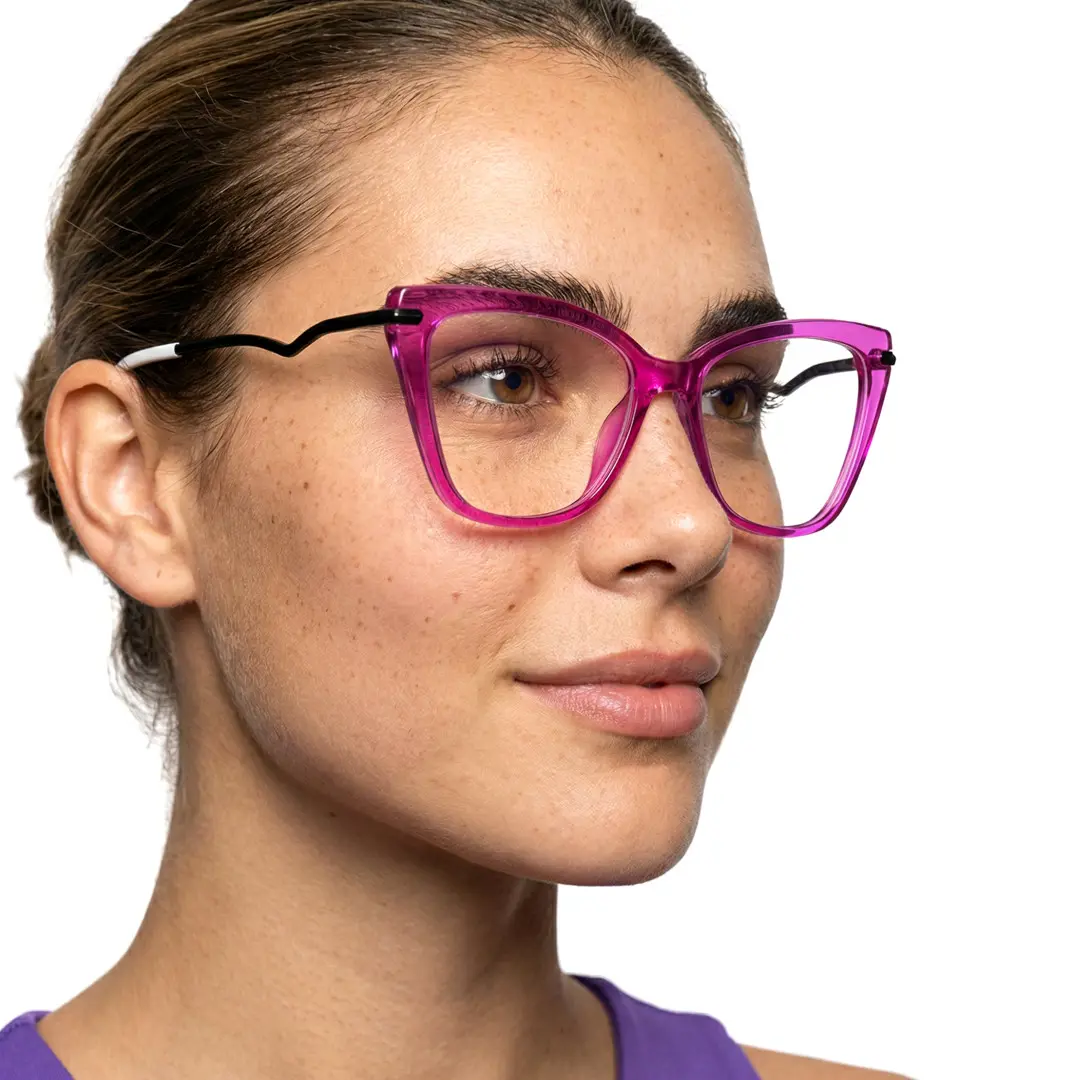 Three-quarter view of female wearing purple butterfly eyeglasses, natural expression, UR0172502