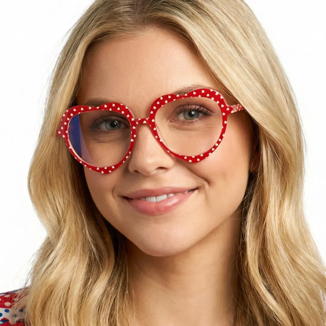 Three-quarter view of female wearing red heart eyeglasses, smiling, UR0542506