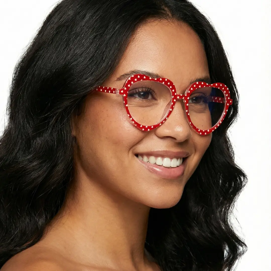 Looking away view of female wearing red heart eyeglasses, wide smile, UR0542506