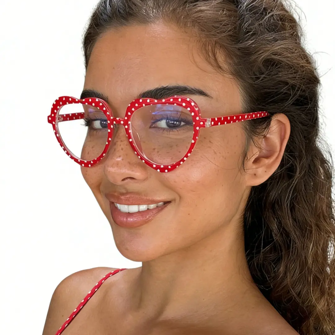 Three-quarter view of female wearing vintage red heart eyeglasses, natural smile, UR0542506