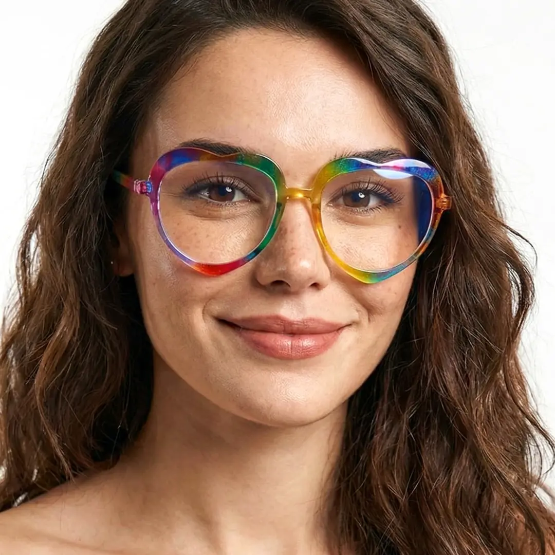 Front view of female wearing colorful multicolor heart eyeglasses, soft smile, UR0552506