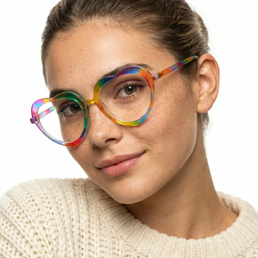 Face close-up view of female wearing colorful multicolor heart eyeglasses, tilting head, natural smile, UR0552506