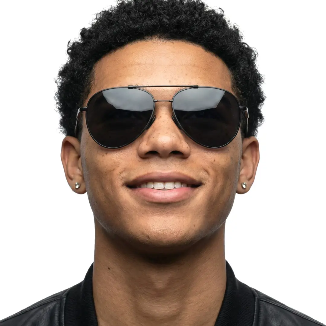 Front view of male wearing vintage black aviator sunglasses, smiling, AM0042603