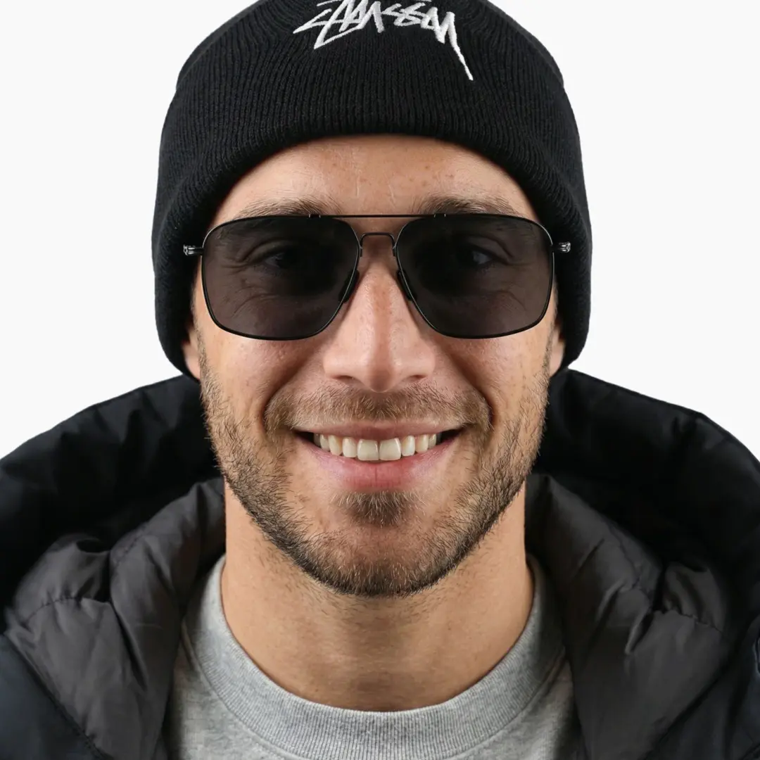 Male wearing vintage black aviator metal sunglasses, smiling. SPU: AM0052603