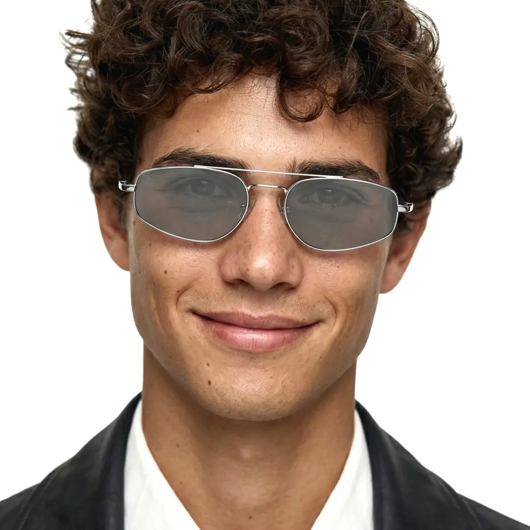 Front view of male wearing silver aviator sunglasses, soft smile, AM0082603