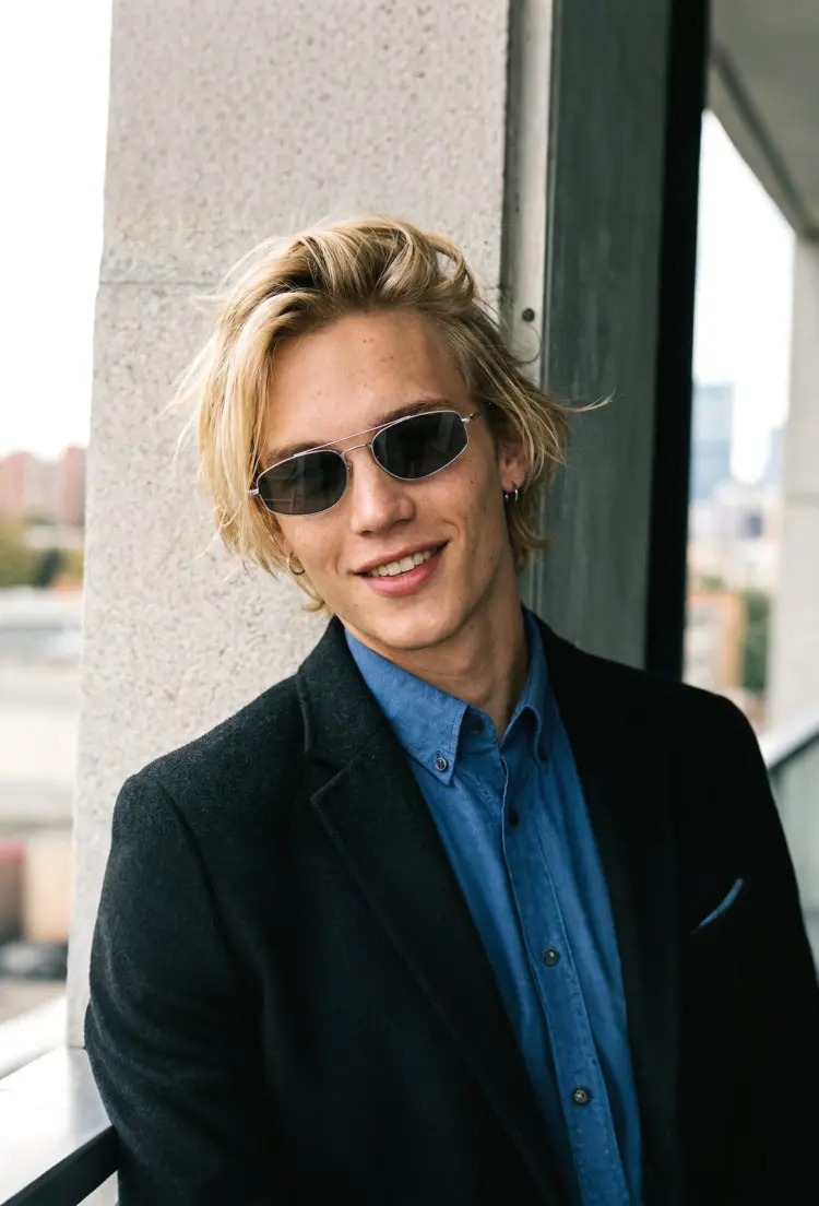 Male model wearing fashion green aviator metal sunglasses on a modern city balcony. SPU: AM0082603