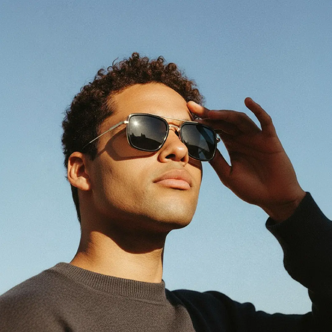 Three-quarter view of male wearing gold aviator sunglasses, touching frame, confident expression, AM0182409