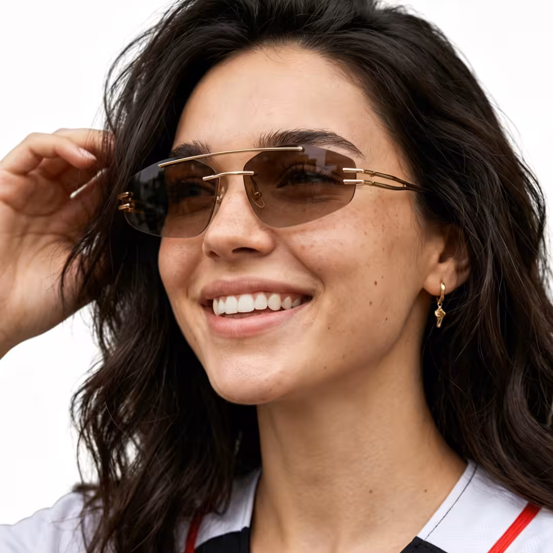 Three-quarter view of female wearing fashion gold aviator sunglasses, touching frame, smiling, AM0202604