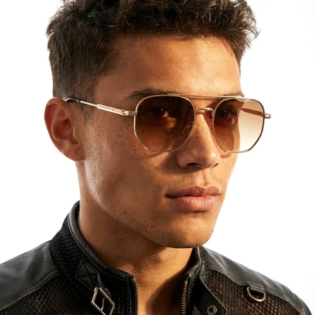 Three-quarter view of male wearing brown aviator sunglasses, calm expression, AM0302505