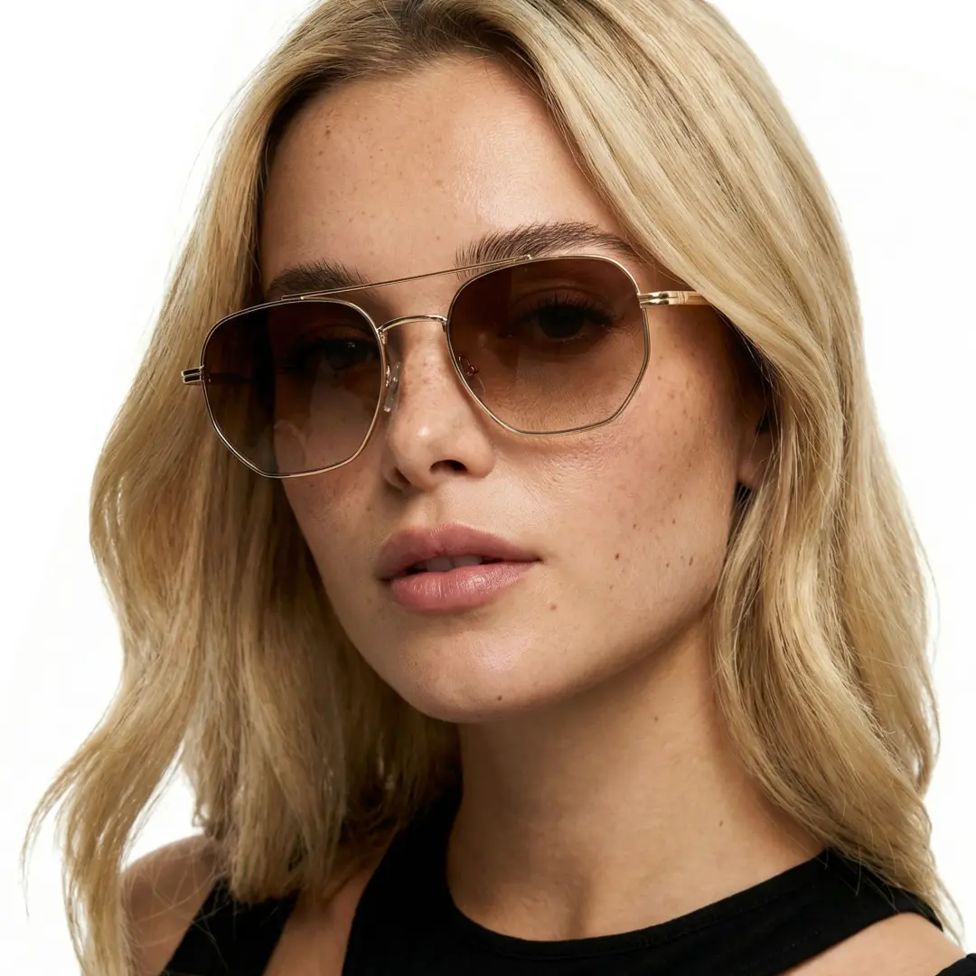 Tilted head view of female wearing brown aviator sunglasses, neutral expression, AM0302505
