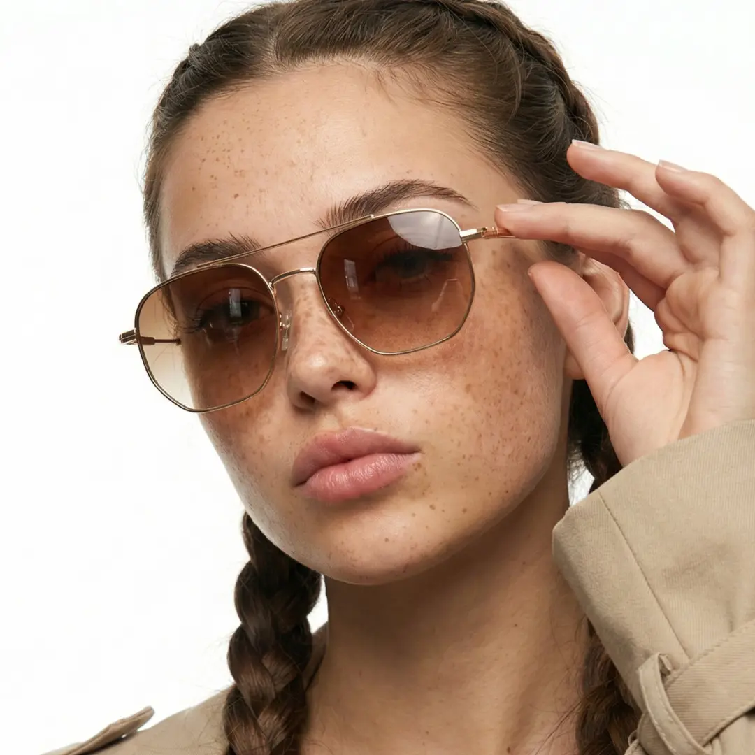 Front view of female wearing brown aviator sunglasses, touching frame, confident expression, AM0302505
