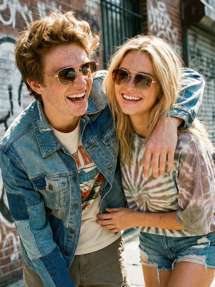 Couple model wearing everyday brown aviator metal sunglasses in an urban street setting with graffiti-covered brick walls. SPU: AM0302505