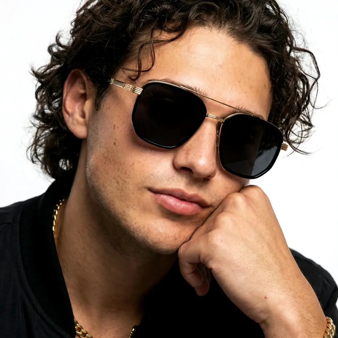 Three-quarter view of male wearing gold aviator sunglasses, resting chin on hand, neutral expression, AM0622505