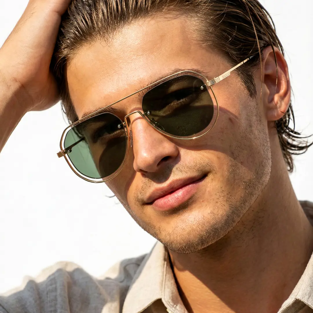 Front view of male wearing vintage green aviator sunglasses, hand in hair, natural smile, AP0022505