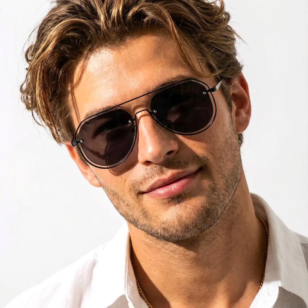 Front view of male wearing vintage grey aviator sunglasses, tilting head, natural smile, AP0022505