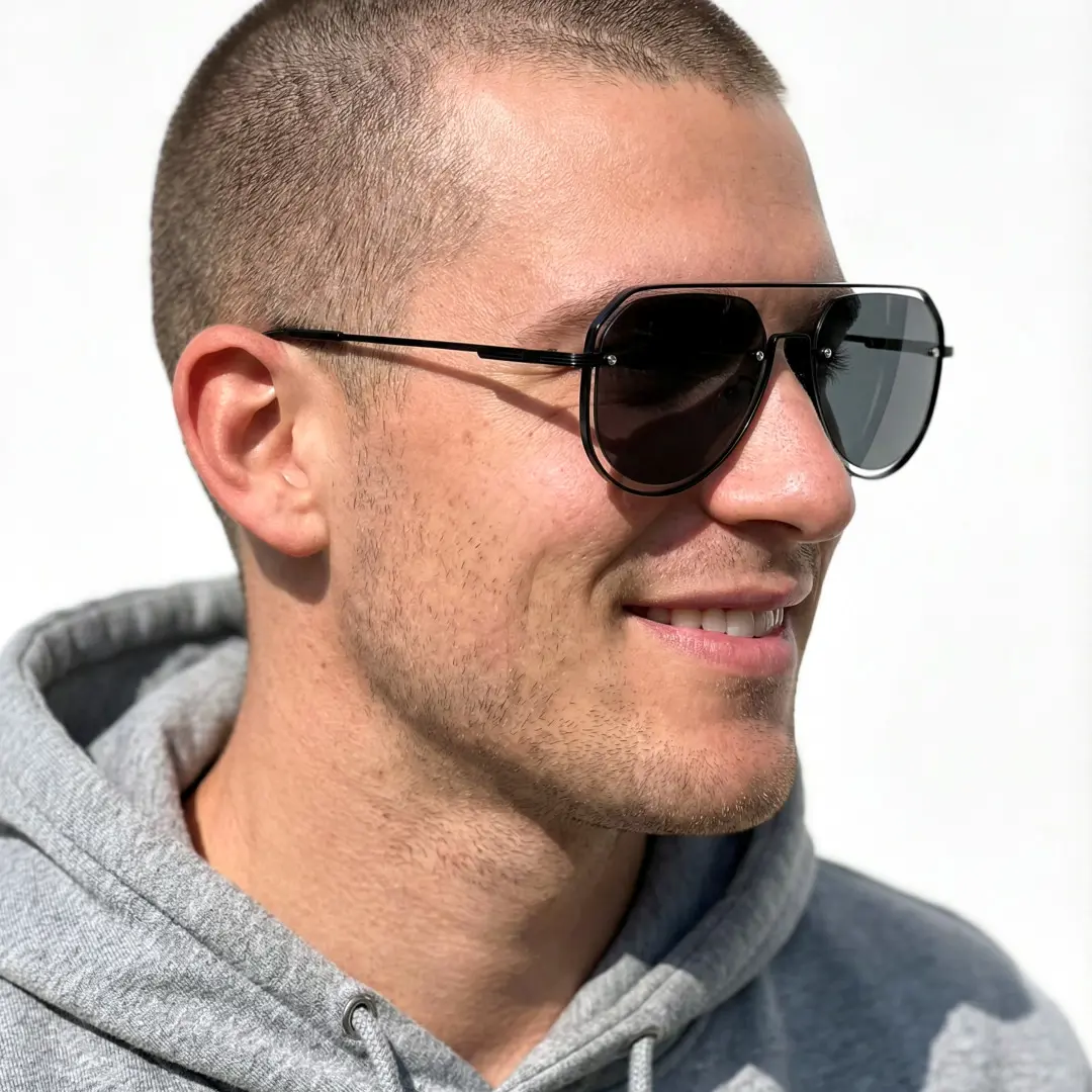 Three-quarter view of male wearing vintage grey aviator sunglasses, natural smile, AP0022505