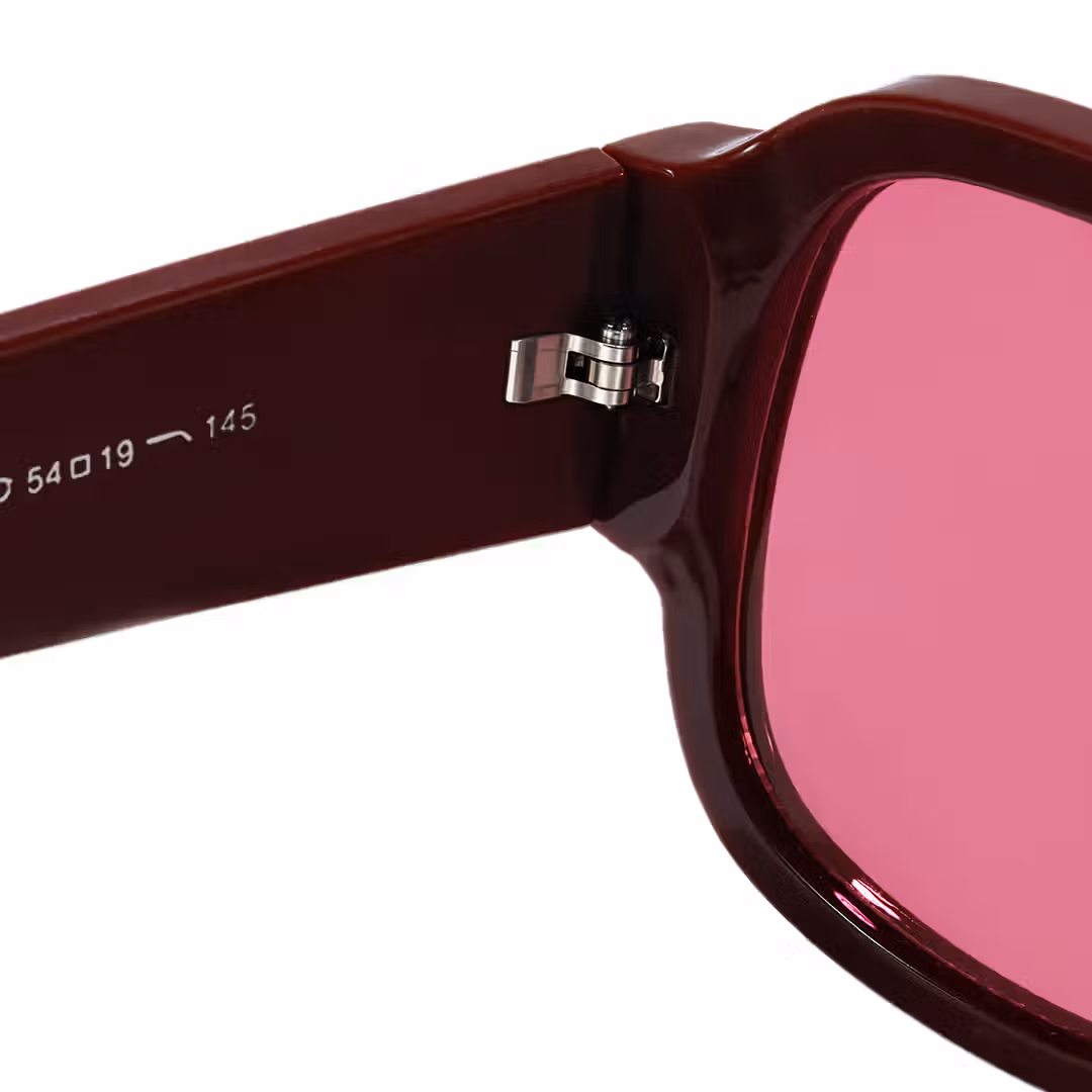 Hinge detail of Burgundy aviator pc sunglasses in red. SPU: AP0022606