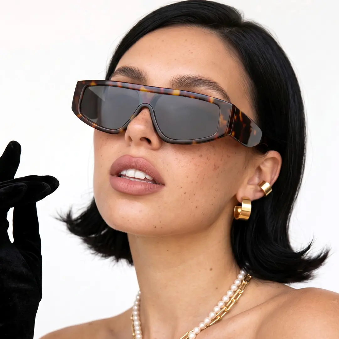 Three-quarter view of female wearing vintage tortoise aviator sunglasses, confident expression, AP0092604