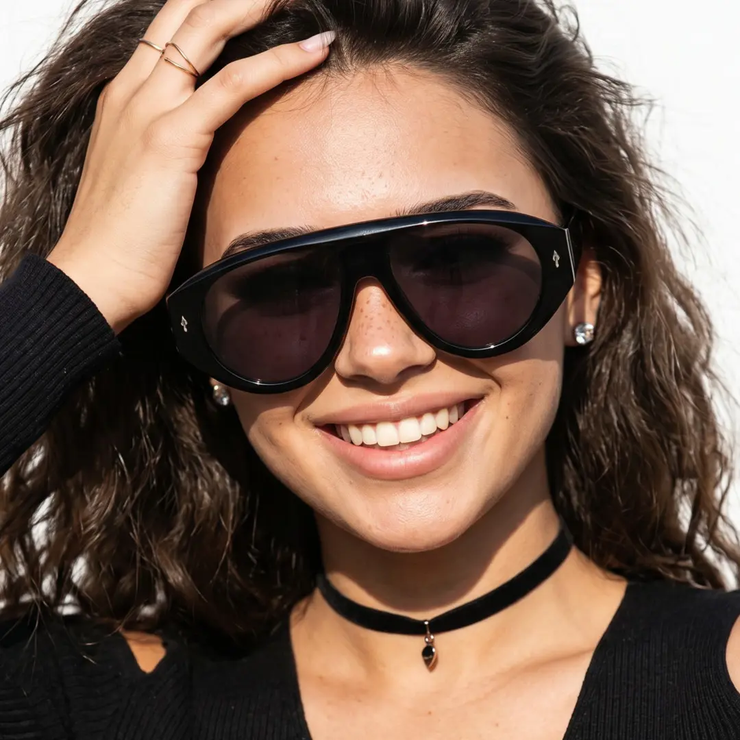 Front view of female wearing vintage black aviator sunglasses, natural smile, AP0132603