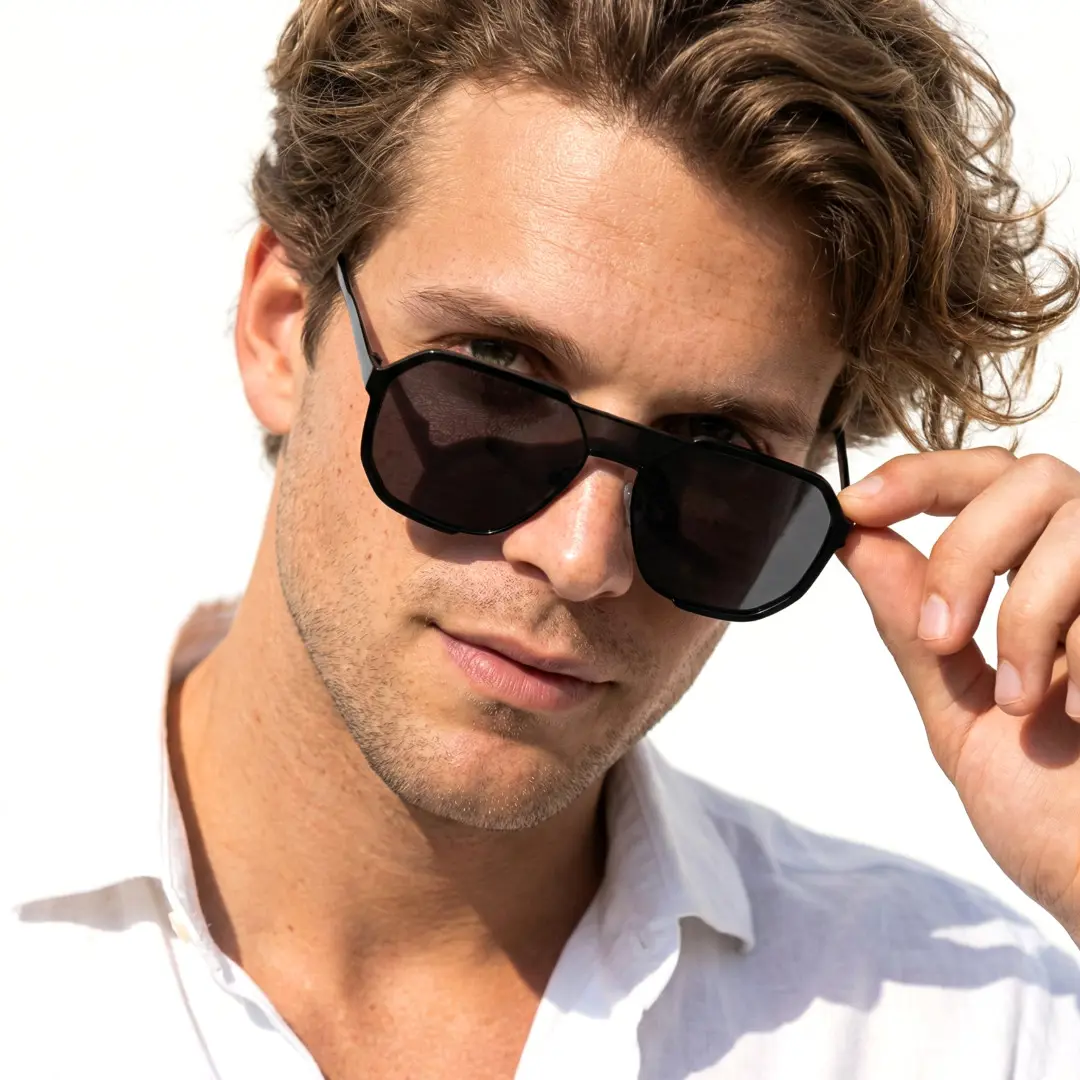 Slightly angled view of male wearing fashion black aviator sunglasses, holding glasses, neutral expression, AR0042410