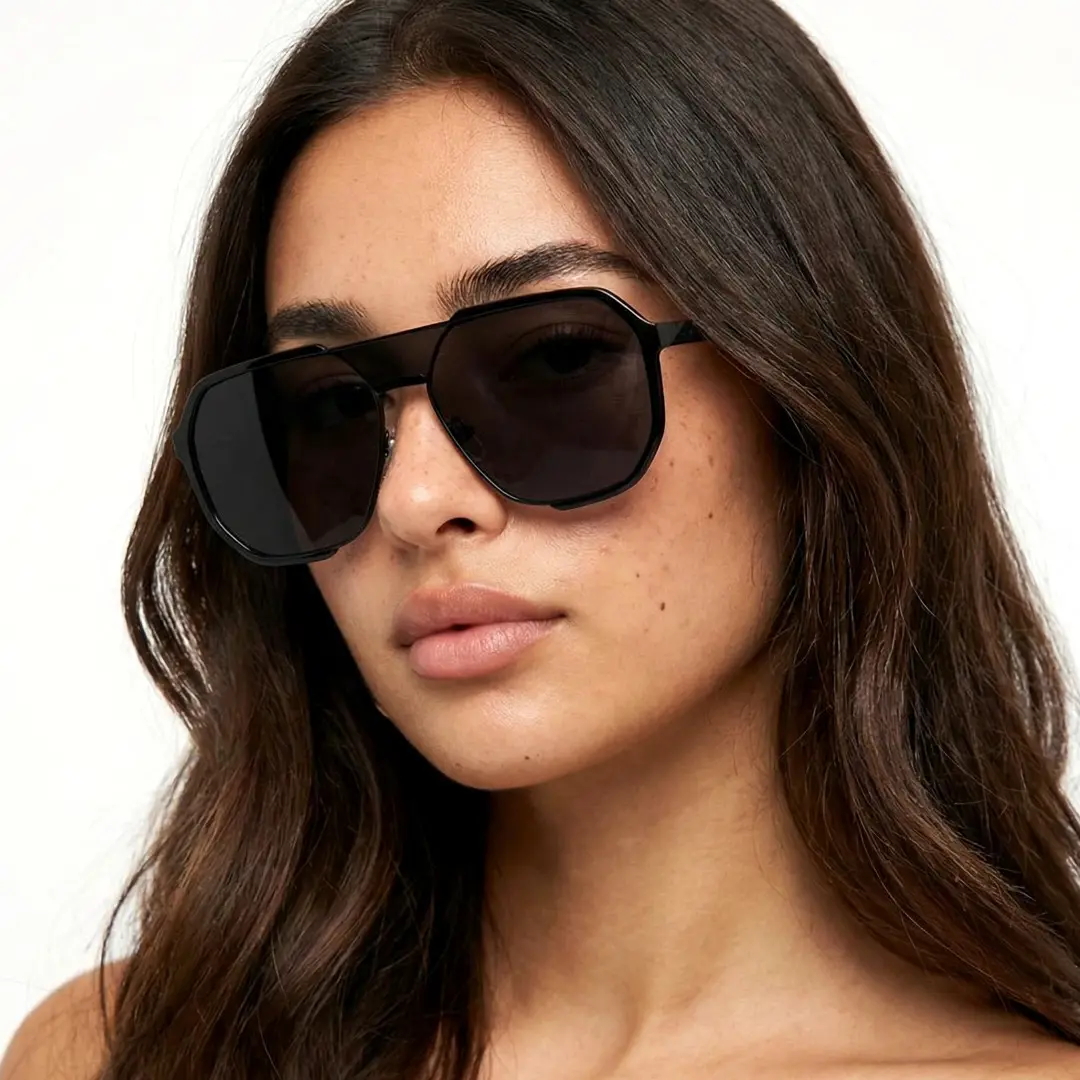 Three-quarter view of female wearing fashion black aviator sunglasses, neutral expression, AR0042410