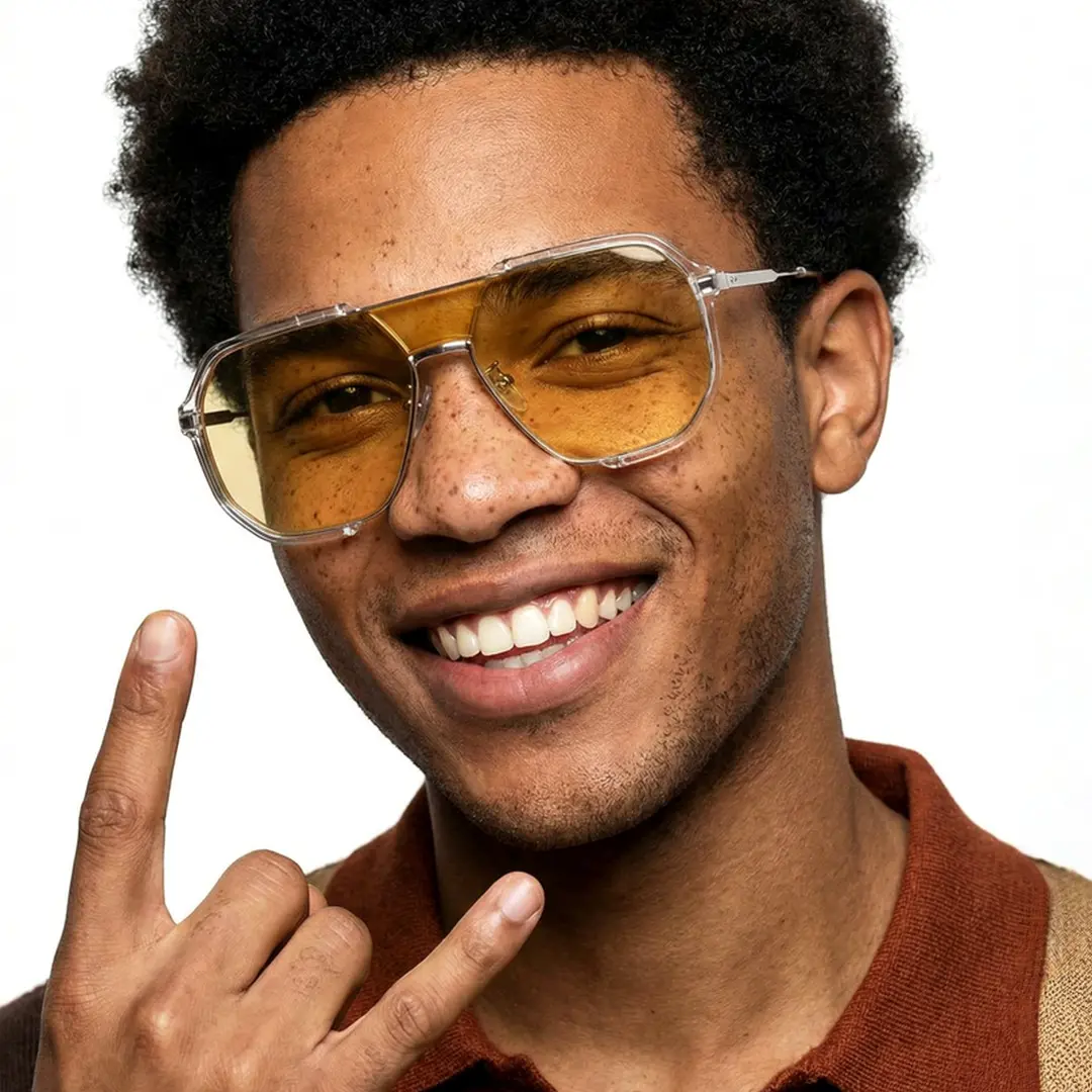 Front view of male wearing fashion yellow aviator sunglasses, smiling, AR0042410