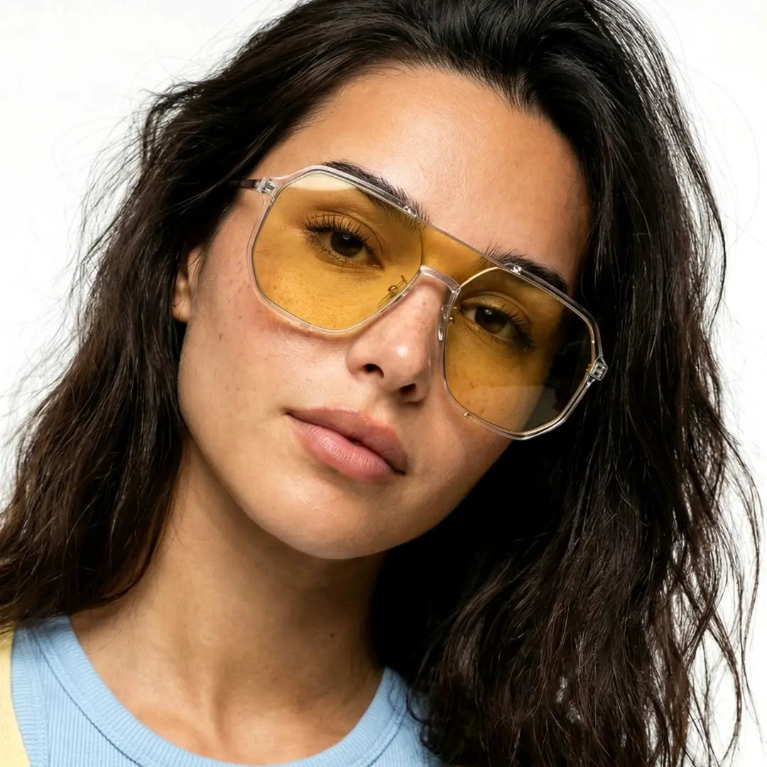 Tilted head view of female wearing fashion yellow aviator sunglasses, neutral expression, AR0042410