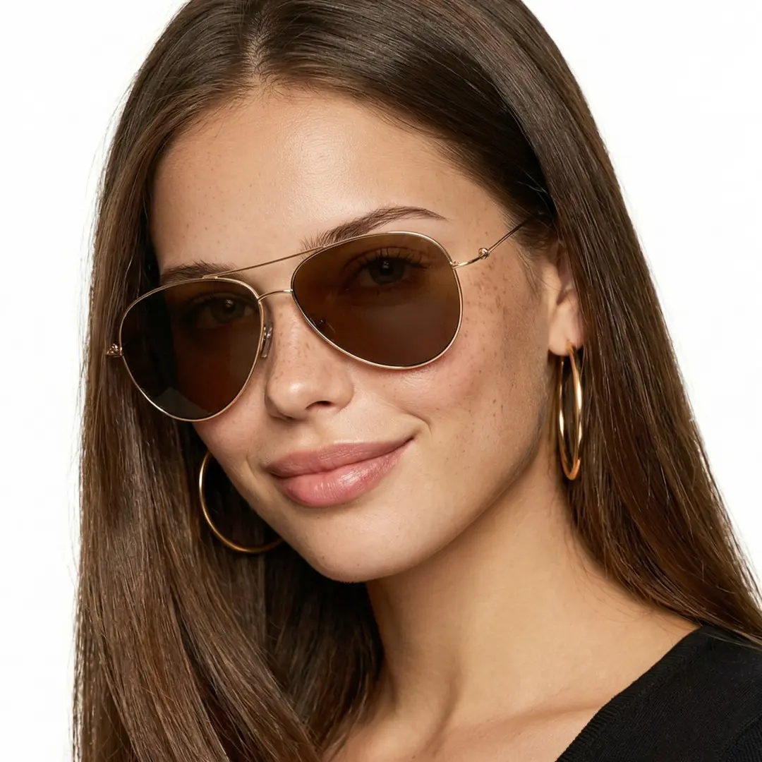 Face close-up view of female wearing brown aviator sunglasses, natural expression, AT0262601S